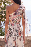One Shoulder Floral Ivory Wedding Guest Dress with Slit