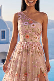One Shoulder Champagne Floral Wedding Guest Dress with Slit