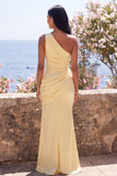 One Shoulder Mermaid Ruched Yellow Maxi Dress