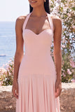 Halter Pink A Line Long Wedding Guest Dress