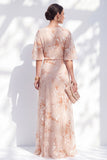 Half Sleeve Floral Champagne A Line Ruffled Mother of the Bride Dress