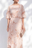 Half Sleeve Floral Champagne A Line Ruffled Mother of the Bride Dress