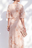 Half Sleeve Floral Champagne A Line Ruffled Mother of the Bride Dress