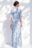 Blue Floral Ruched Mermaid Mother of the Bride Dress with Ruffles