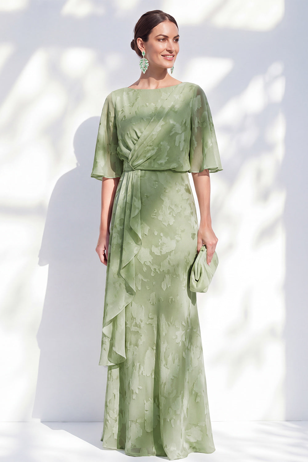 Berylove Women Sage Green Ruched Mother of the Bride Dress Mermaid Ruffled Maxi Wedding Guest Dress with Half Sleeves, Sage Green / US2 Berylove Women Sage Green Ruched Mother of the Bride Dress Mermaid Ruffled Maxi Wedding Guest Dress with Half Sleeves, Sage Green / US2