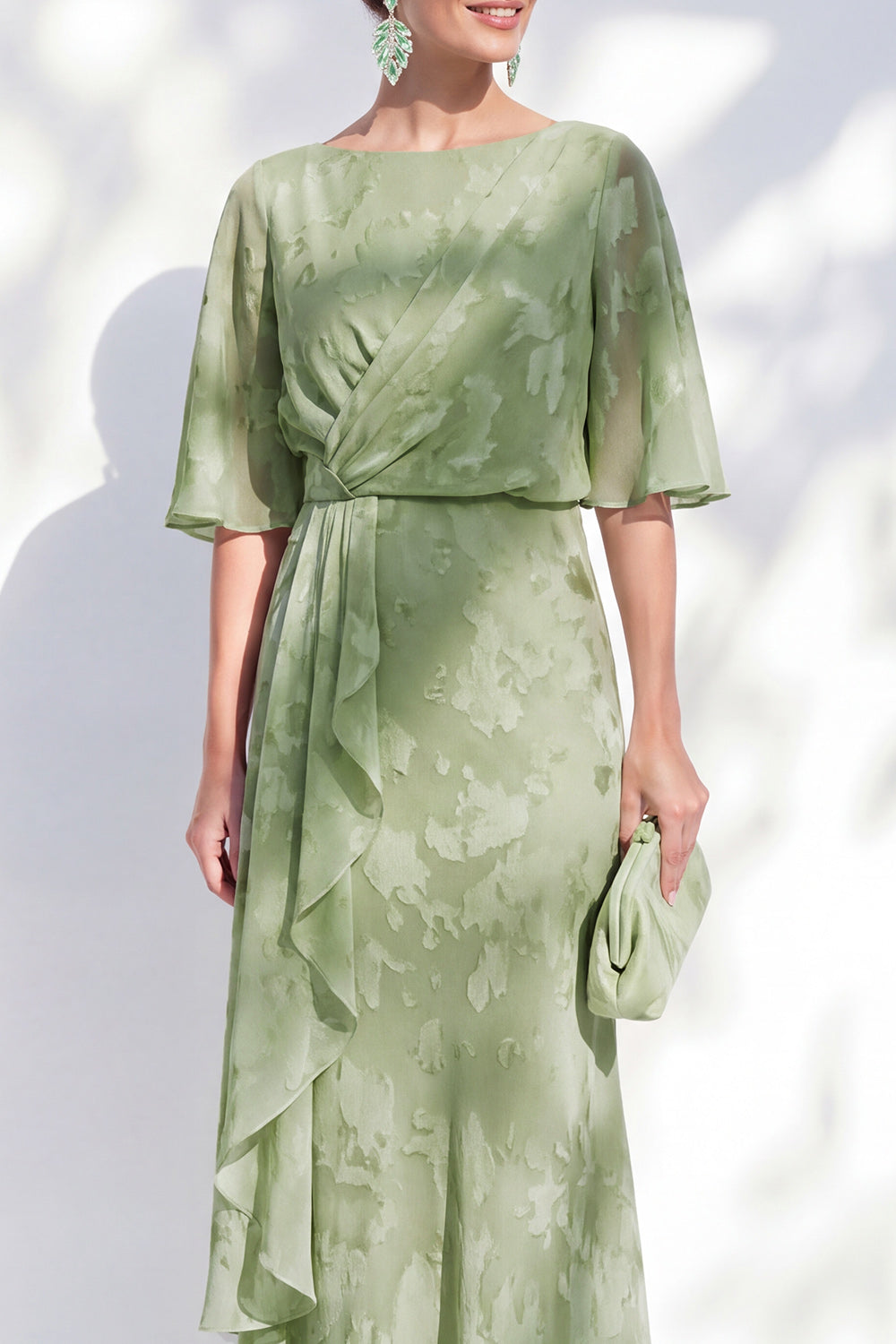 Berylove Women Sage Green Ruched Mother of the Bride Dress Mermaid Ruffled Maxi Wedding Guest Dress with Half Sleeves, Sage Green / US2 Berylove Women Sage Green Ruched Mother of the Bride Dress Mermaid Ruffled Maxi Wedding Guest Dress with Half Sleeves, Sage Green / US2