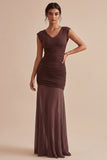 Brown Mermaid Ruched Chiffon V Neck Maxi Formal Dress