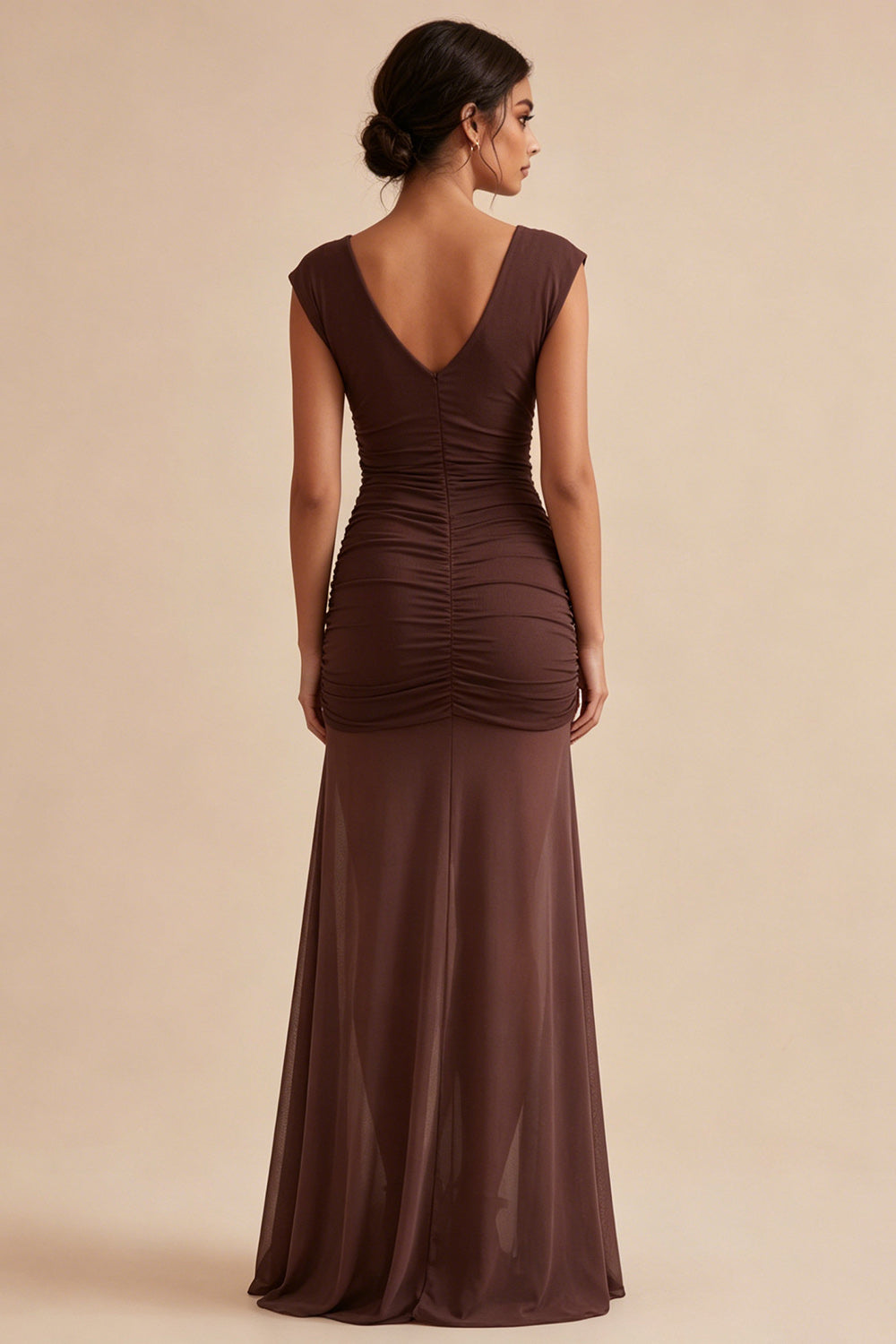 Berylove Women Brown Formal Dress Mermaid Ruched Chiffon V Neck Maxi Party  Dress with Cap Sleeves