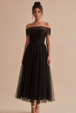Off the Shoulder A Line Ruched Black Formal Dress