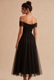 Off the Shoulder A Line Ruched Black Formal Dress