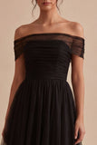 Off the Shoulder A Line Ruched Black Formal Dress