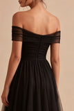 Off the Shoulder A Line Ruched Black Formal Dress