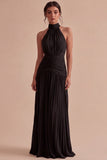 Halter Dark Coffee A Line Ruched Pleated Formal Dress