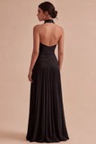 Halter Dark Coffee A Line Ruched Pleated Formal Dress