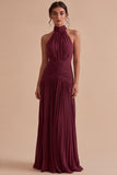 Halter Dark Coffee A Line Ruched Pleated Formal Dress