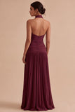 Halter Dark Coffee A Line Ruched Pleated Formal Dress