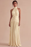 Halter Dark Coffee A Line Ruched Pleated Formal Dress