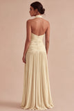Halter Dark Coffee A Line Ruched Pleated Formal Dress