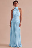 Halter Dark Coffee A Line Ruched Pleated Formal Dress