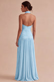 Halter Dark Coffee A Line Ruched Pleated Formal Dress