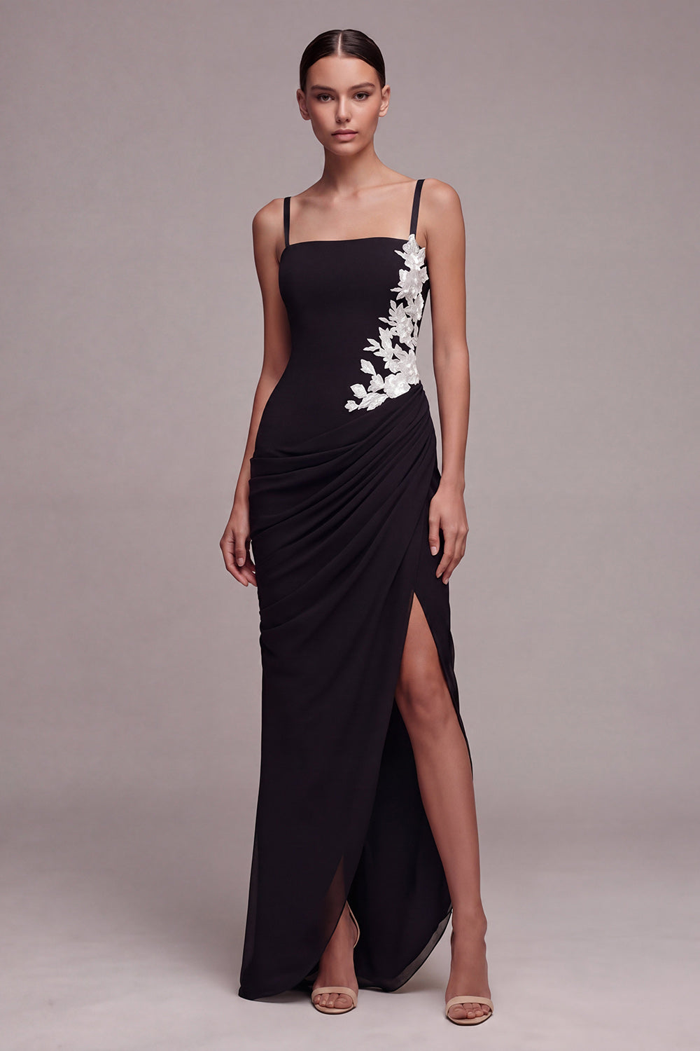 Berylove Women Black Formal Dress Ruched Appliqued Mermaid Maxi Party Dress with Slit, Black / US22W