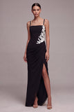 Black Ruched Appliqued Mermaid Maxi Formal Dress with Slit