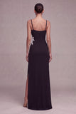 Black Ruched Appliqued Mermaid Maxi Formal Dress with Slit