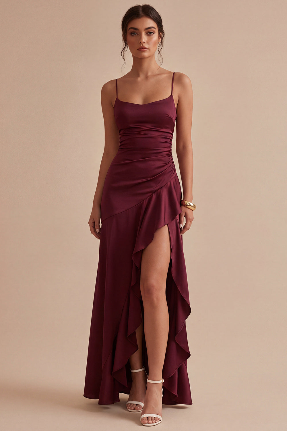 ruched burgundy dress Berylove Women Burgundy Formal Dress with Slit Ruched Maxi Party Dress with Ruffles, Burgundy / US20W