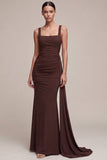 Mermaid Brown Ruched Chiffon Maxi Formal Dress with Side Cape