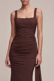 Mermaid Brown Ruched Chiffon Maxi Formal Dress with Side Cape