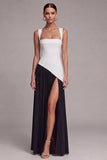 Black and White ColorBlock A Line Pleated Formal Dress with Slit
