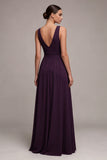 Plum A Line Pleated Ruched Maxi Formal Dress with Slit