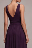 Plum A Line Pleated Ruched Maxi Formal Dress with Slit