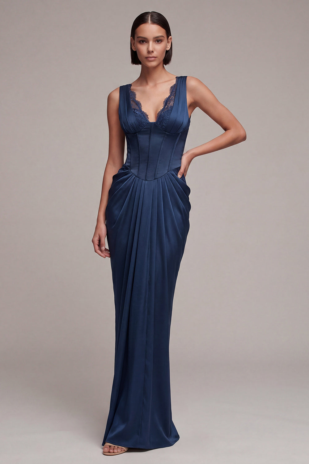 Berylove Women Corset Formal Dress Navy Lace Pleated Mermaid V Neck Maxi Party Dress, Navy / US24W