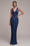 Navy Corset Lace Pleated Mermaid Maxi Formal Dress
