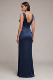 Navy Corset Lace Pleated Mermaid Maxi Formal Dress