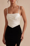 Mermaid Ruched ColorBlock Black and White Maxi Formal Dress with Slit