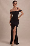 Cold Shoulder Black Ruched Mermaid Maxi Formal Dress