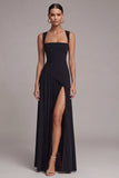 Black Pleated A Line Maxi Formal Dress with Slit