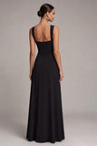 Black Pleated A Line Maxi Formal Dress with Slit