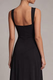 Black Pleated A Line Maxi Formal Dress with Slit