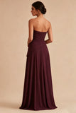 Burgundy Strapless Pleated Ruched A Line Maxi Formal Dress
