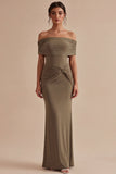 Khaki Off the Shoulder Ruched Mermaid Maxi Formal Dress