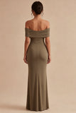 Khaki Off the Shoulder Ruched Mermaid Maxi Formal Dress