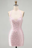 Halter Corset Beaded Bodycon Pink Mini Homecoming Dress