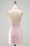 Halter Corset Beaded Bodycon Pink Mini Homecoming Dress