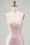 Halter Corset Beaded Bodycon Pink Mini Homecoming Dress