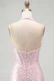 Halter Corset Beaded Bodycon Pink Mini Homecoming Dress