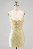 Halter Beaded Bodycon Yellow Mini Homecoming Dress With Pearls