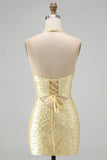 Halter Beaded Bodycon Yellow Mini Homecoming Dress With Pearls